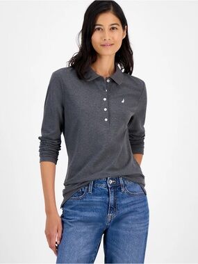 Nautica Women's Long-Sleeve Polo Shirt Charcoal Heather Gray